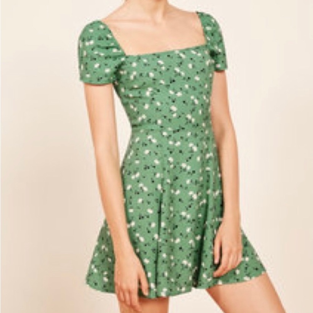 Reformation off the shoulder green floral mini dress